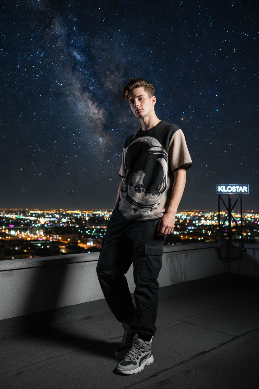 KILO-T ASTRO EN MAILLE KILOSTAR™ — Lifestyle rooftop nocturne | T-shirt Jacquard Premium