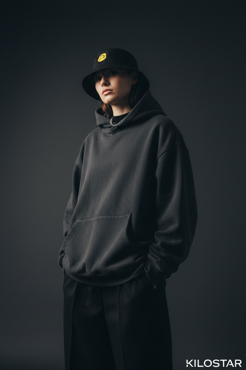 Photo éditoriale bob streetwear noir logo lion or KILOSTAR Lion de Cœur