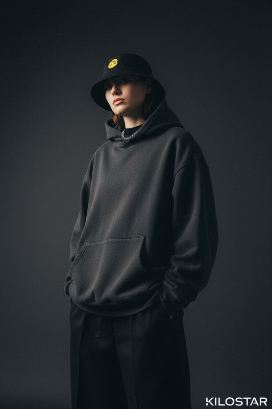 Photo éditoriale bob streetwear noir logo lion or KILOSTAR Lion de Cœur